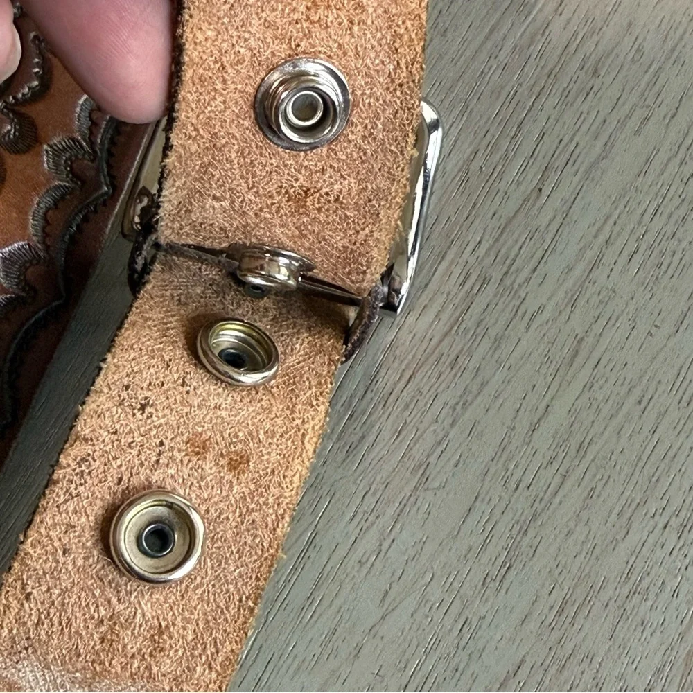 Western Tooled Brown Leather Cowboy Belt Size 45 Made In USA Scrollwork